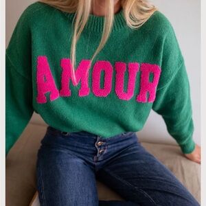 Easy Clothes USA Green Sweater with Pink 'Amour' Design